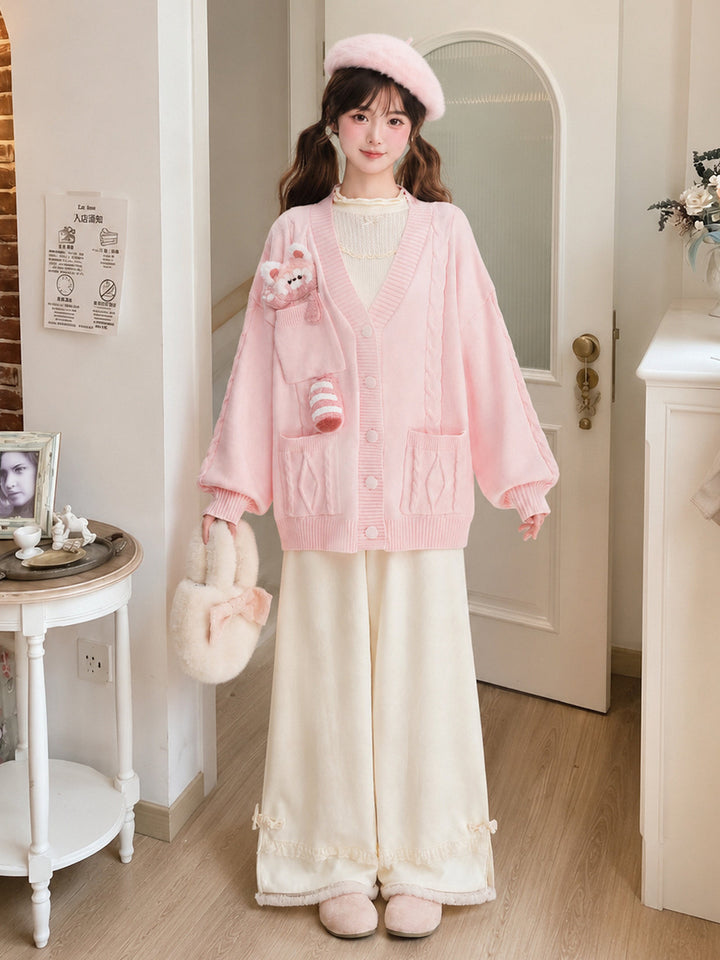 Pink Red Panda Appliqué Cardigan