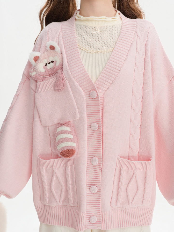 Pink Red Panda Appliqué Cardigan