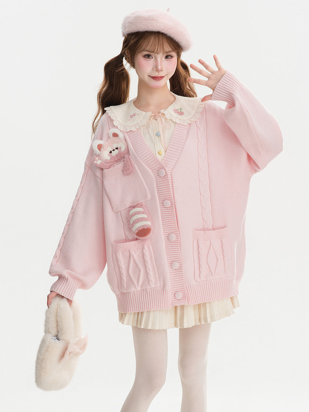 Pink Red Panda Appliqué Cardigan