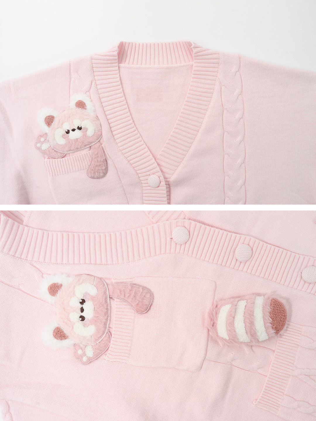 Pink Red Panda Appliqué Cardigan