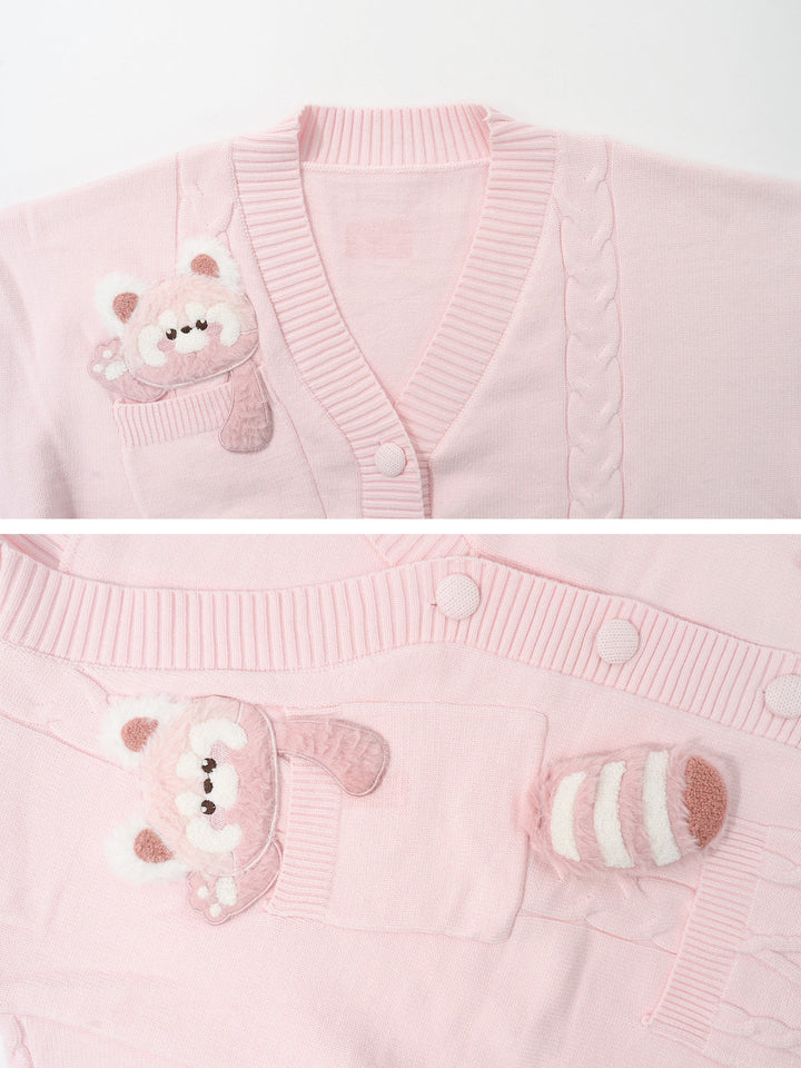 Pink Red Panda Appliqué Cardigan