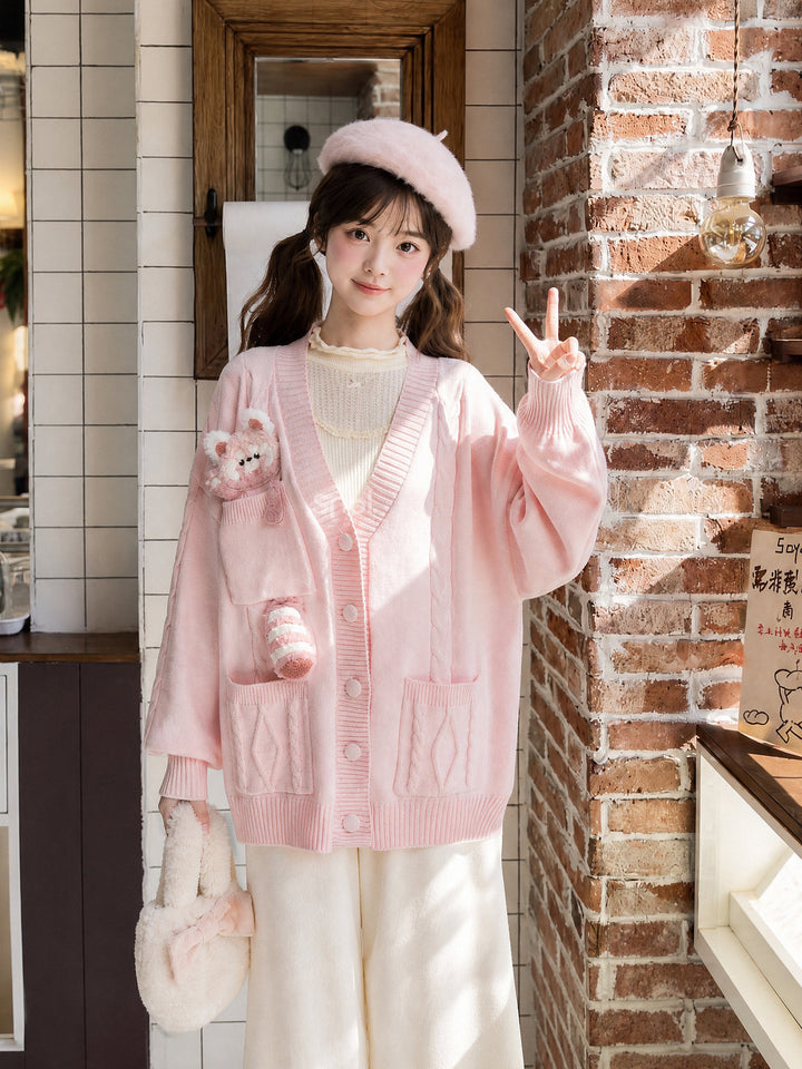 Pink Red Panda Appliqué Cardigan