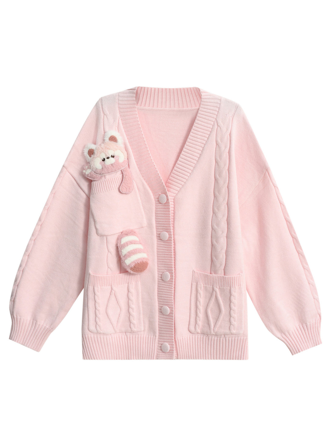 Pink Red Panda Appliqué Cardigan