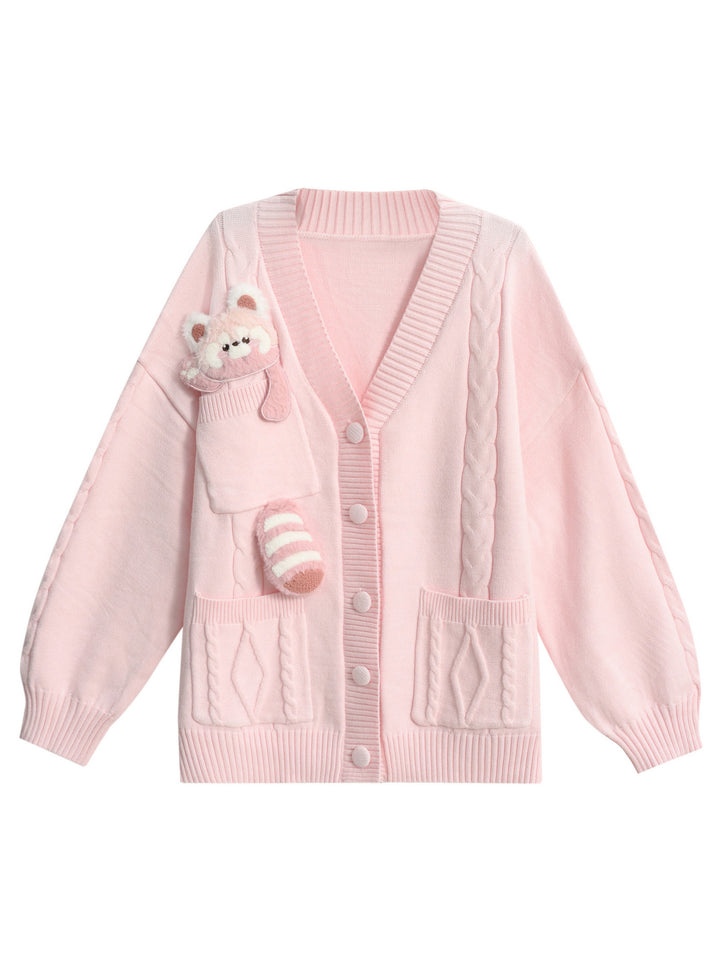 Pink Red Panda Appliqué Cardigan