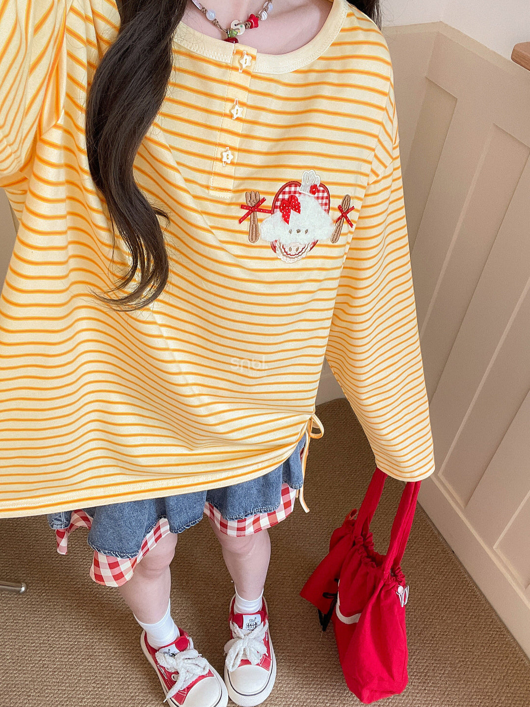 Striped Animal Appliqué Long Sleeve T-Shirt
