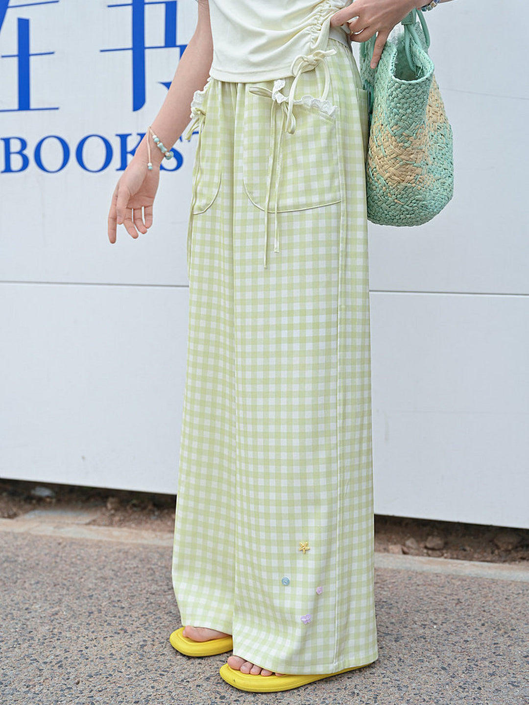 Green Gingham Bow Wide Leg Pants