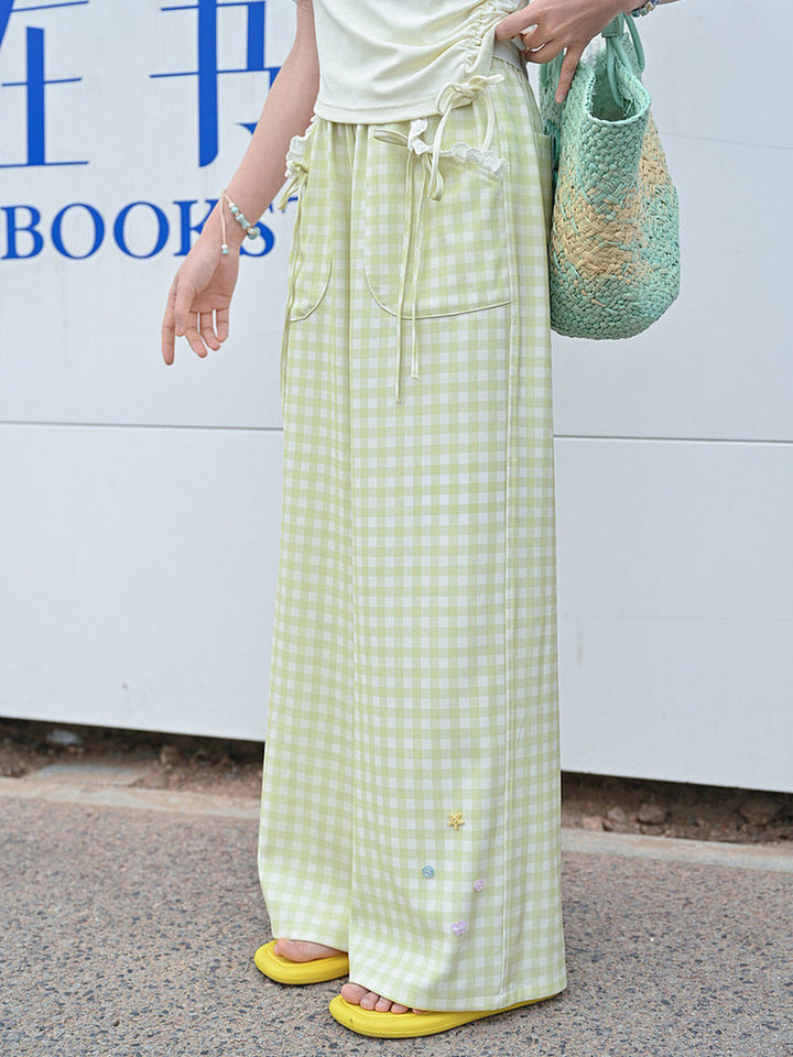 Green Gingham Bow Wide Leg Pants