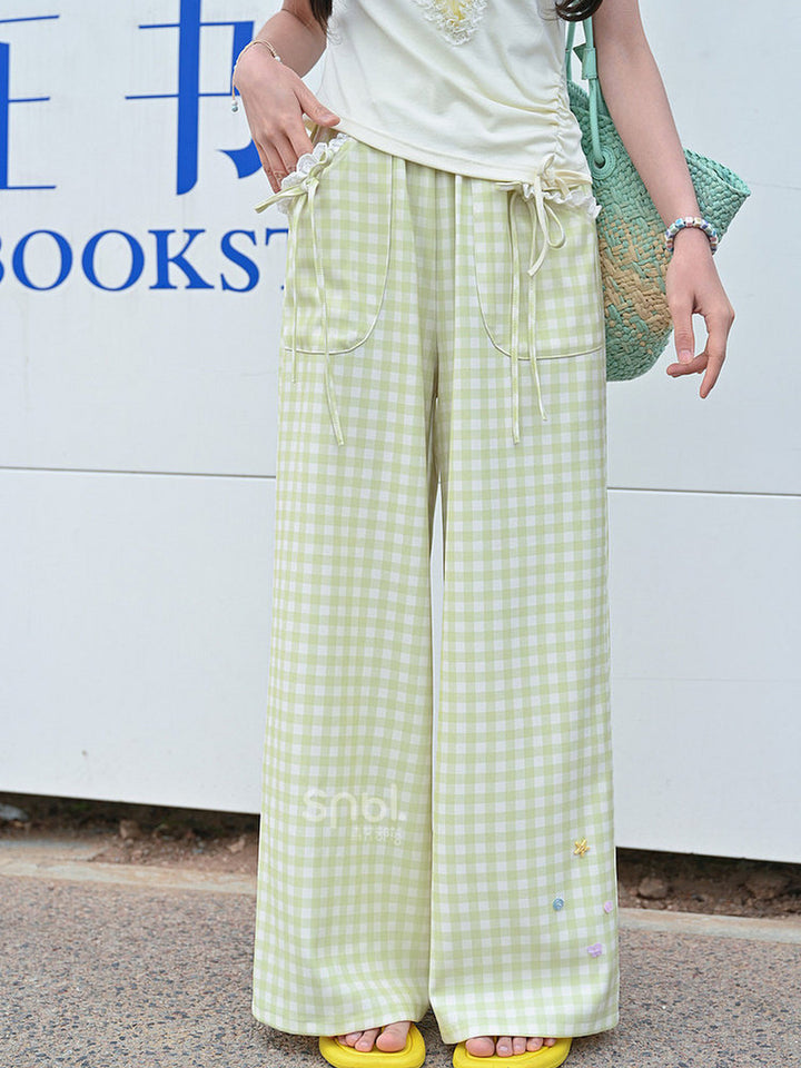 Green Gingham Bow Wide Leg Pants