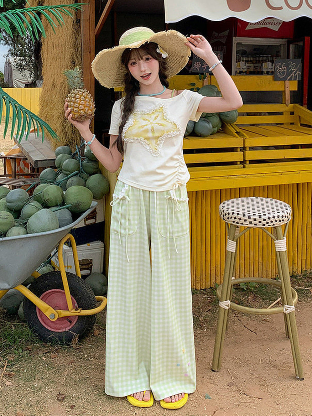 Green Gingham Bow Wide Leg Pants