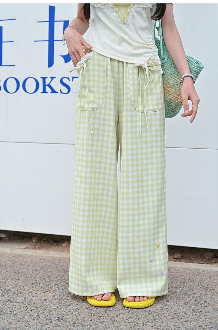 Green Gingham Bow Wide Leg Pants