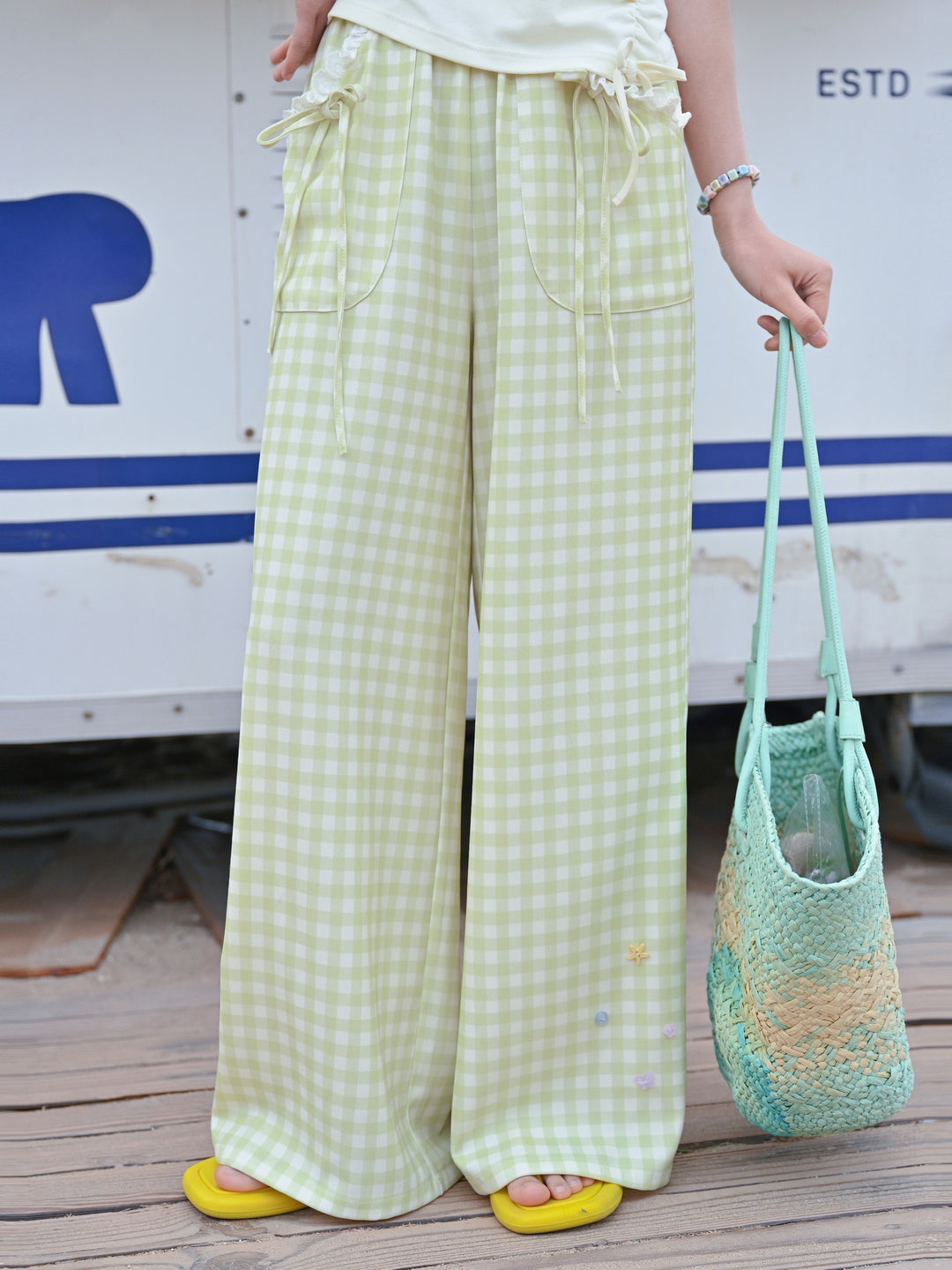 Green Gingham Bow Wide Leg Pants