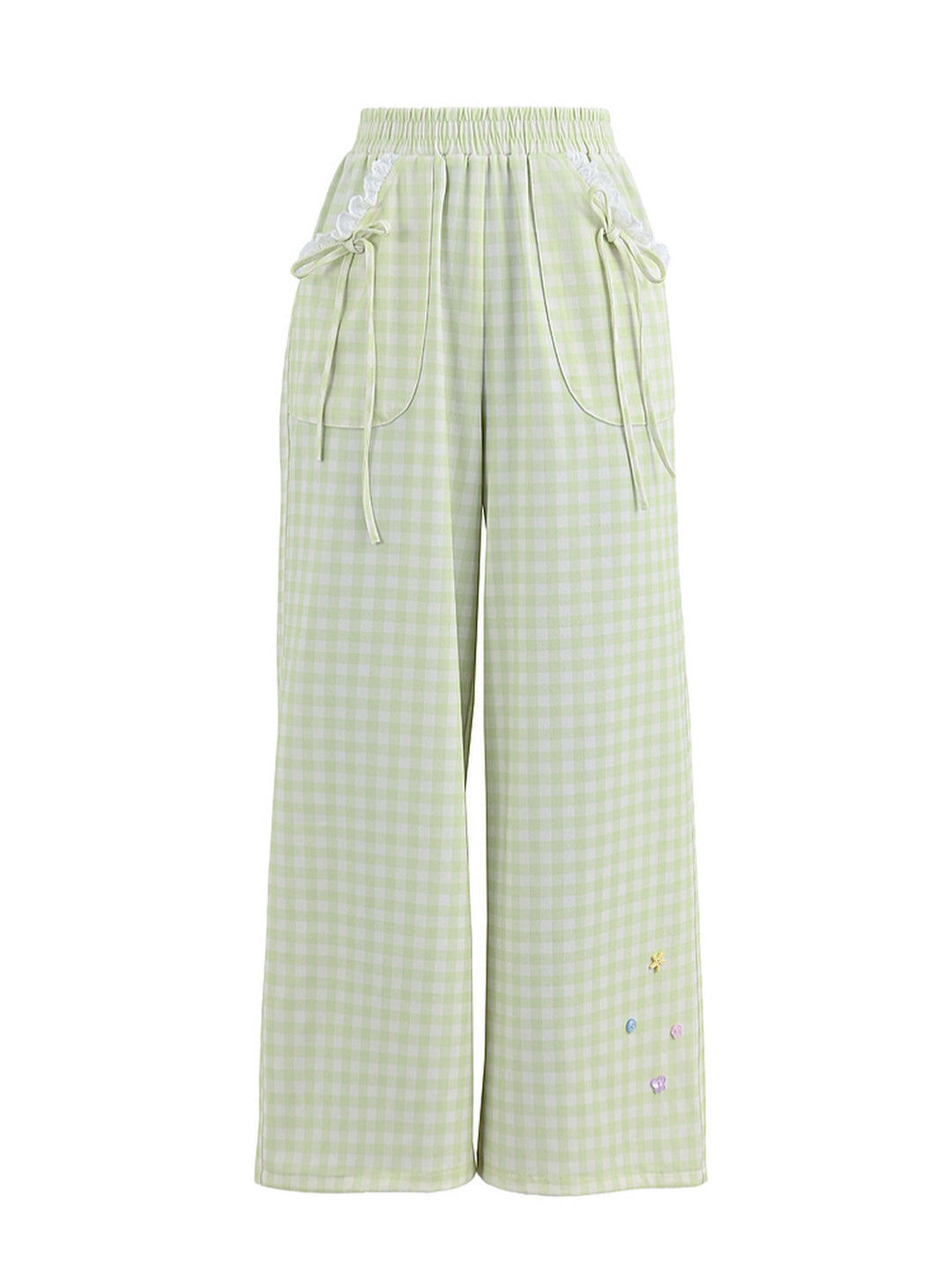 Green Gingham Bow Wide Leg Pants
