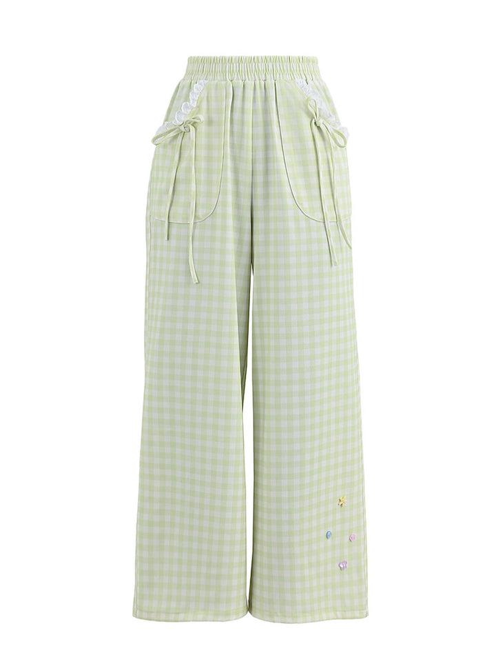 Green Gingham Bow Wide Leg Pants