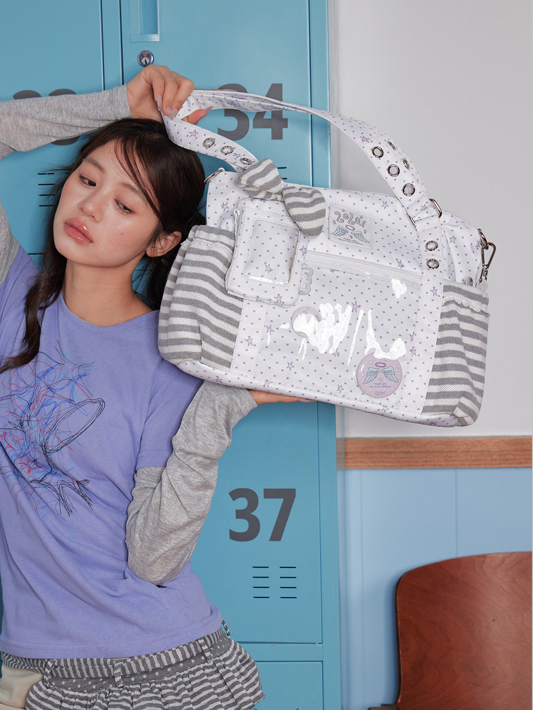 Ita Tote Bag with Clear Window and Striped Side Pockets