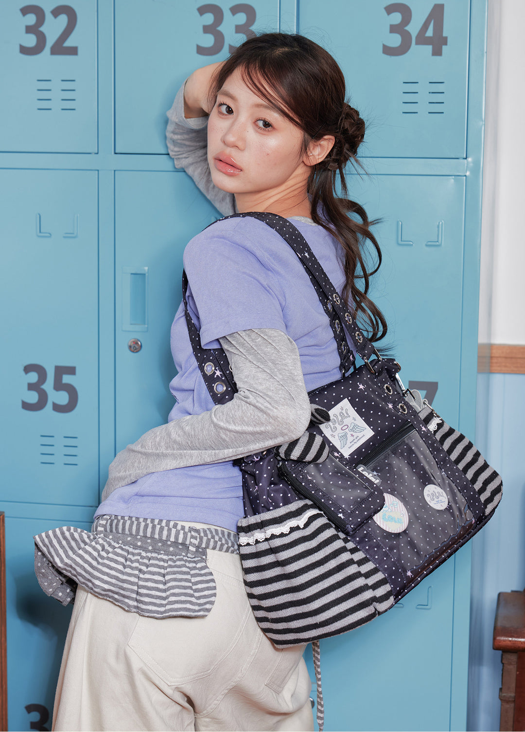 Ita Tote Bag with Clear Window and Striped Side Pockets