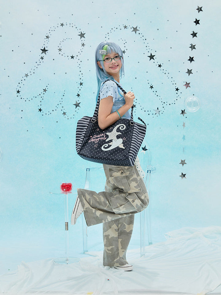 Patterned Embroidered Shoulder Tote Bag
