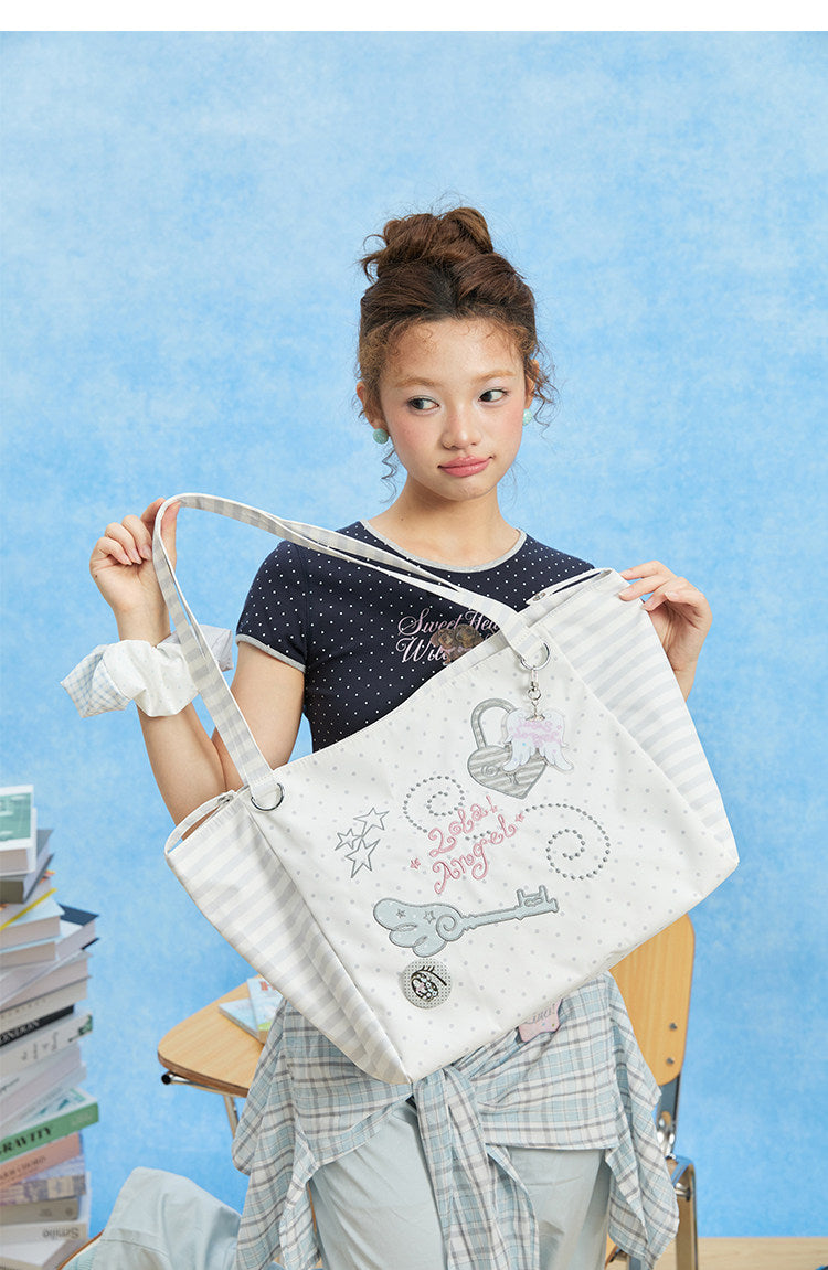 Patterned Embroidered Shoulder Tote Bag