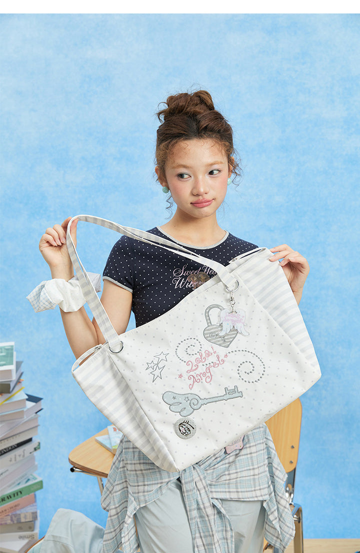 Patterned Embroidered Shoulder Tote Bag