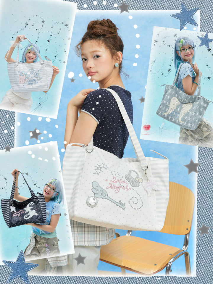 Patterned Embroidered Shoulder Tote Bag