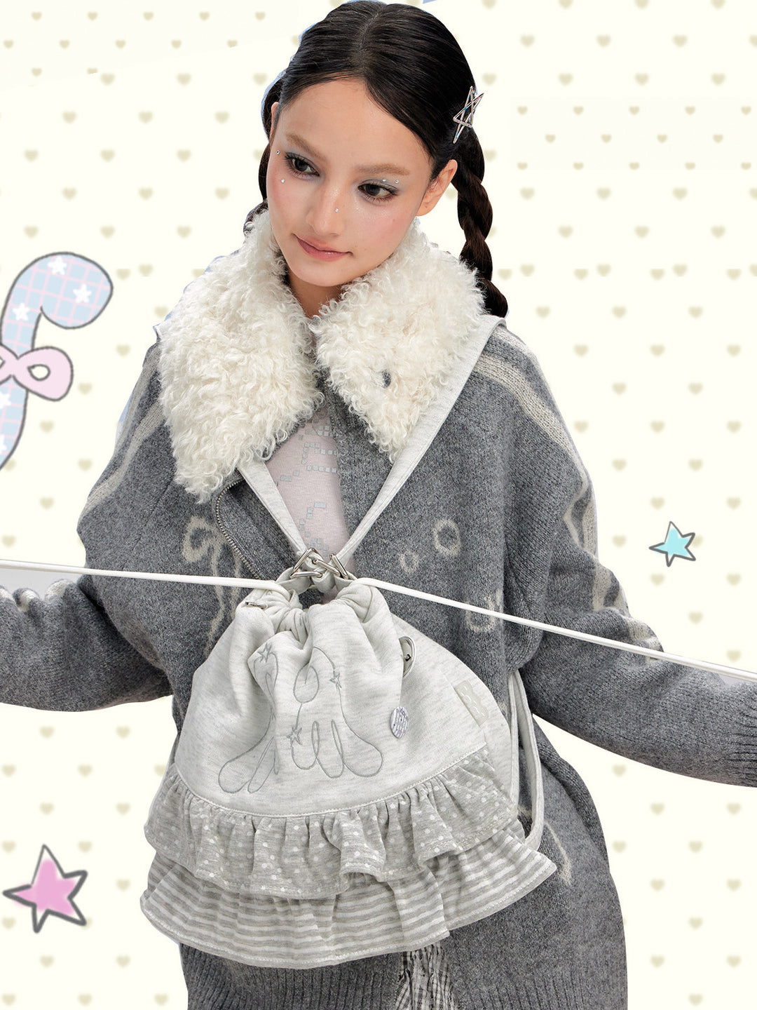Ruffled Drawstring Convertible Backpack and Shoulder Bag