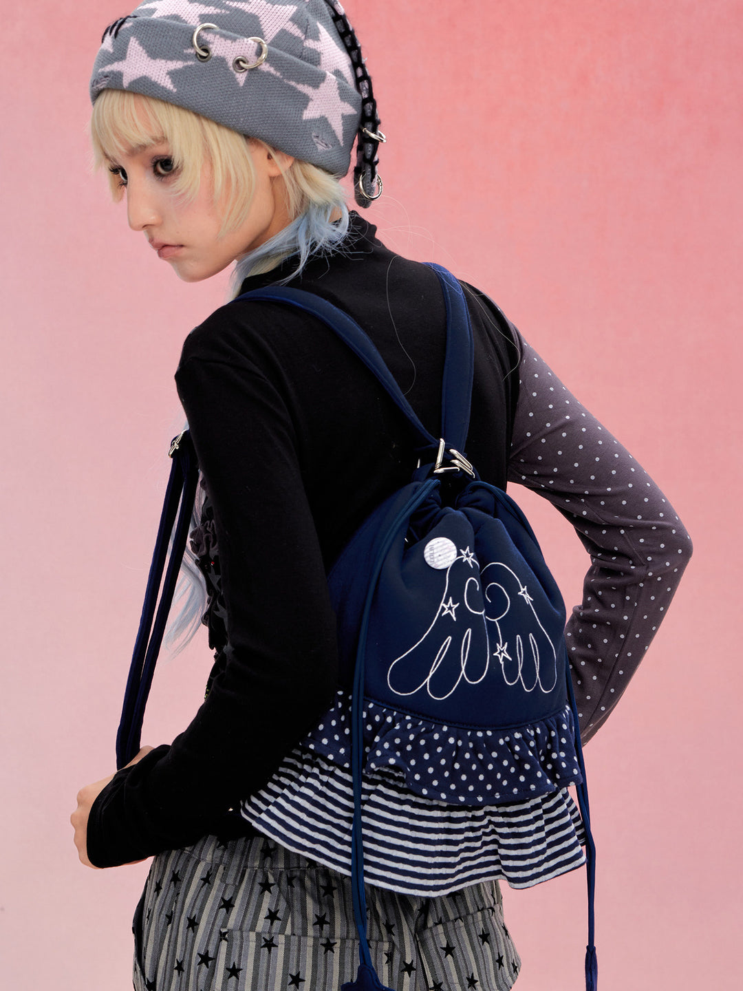 Ruffled Drawstring Convertible Backpack and Shoulder Bag
