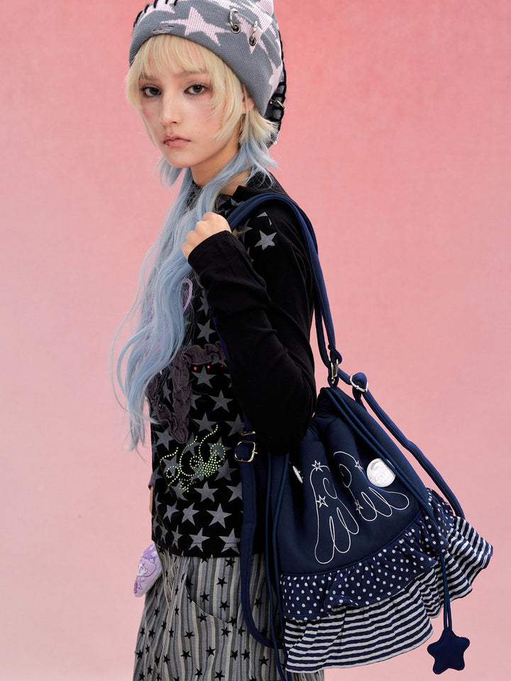 Ruffled Drawstring Convertible Backpack and Shoulder Bag