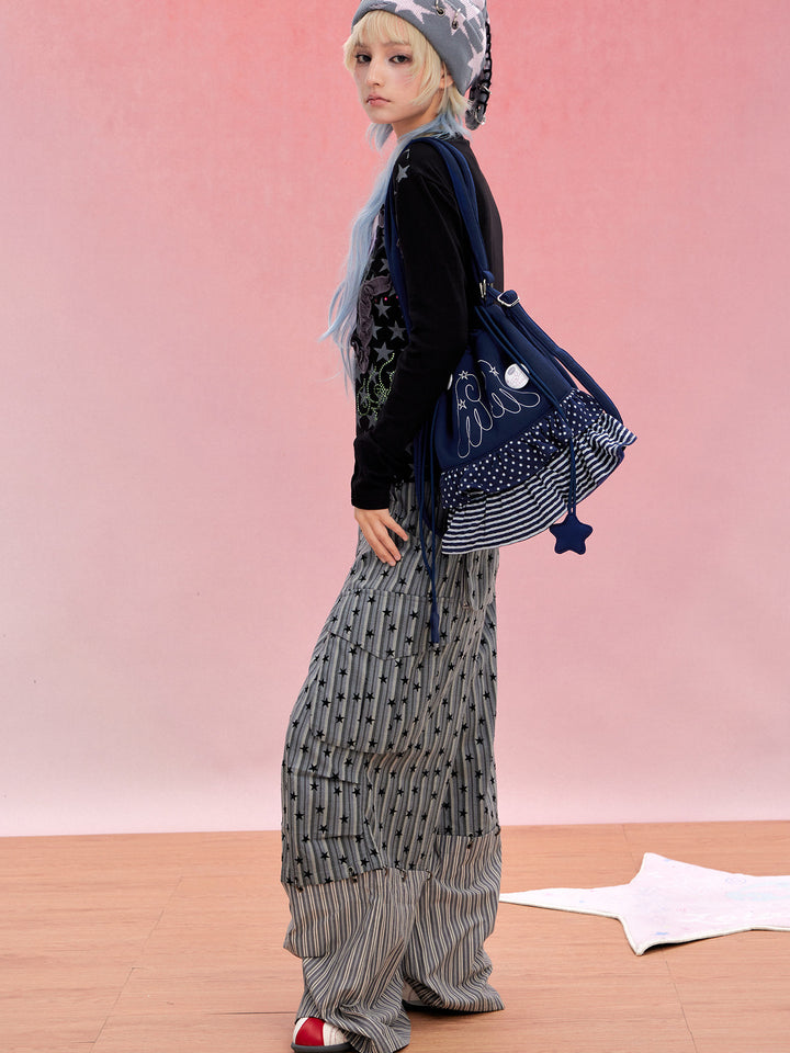 Ruffled Drawstring Convertible Backpack and Shoulder Bag