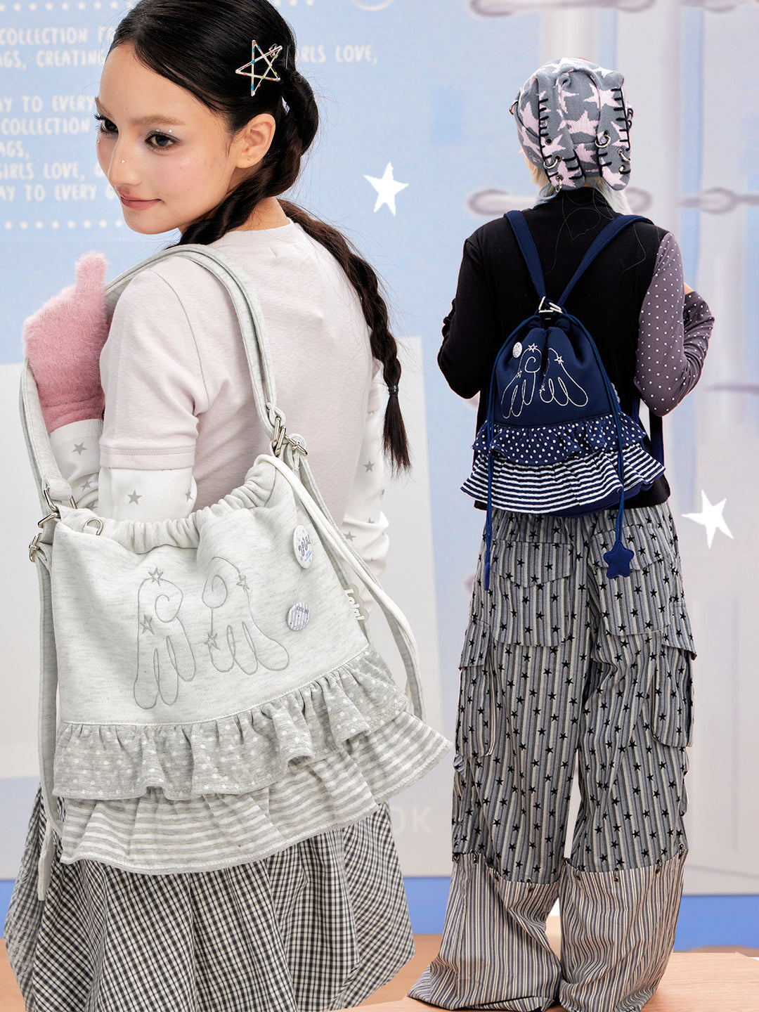 Ruffled Drawstring Convertible Backpack and Shoulder Bag