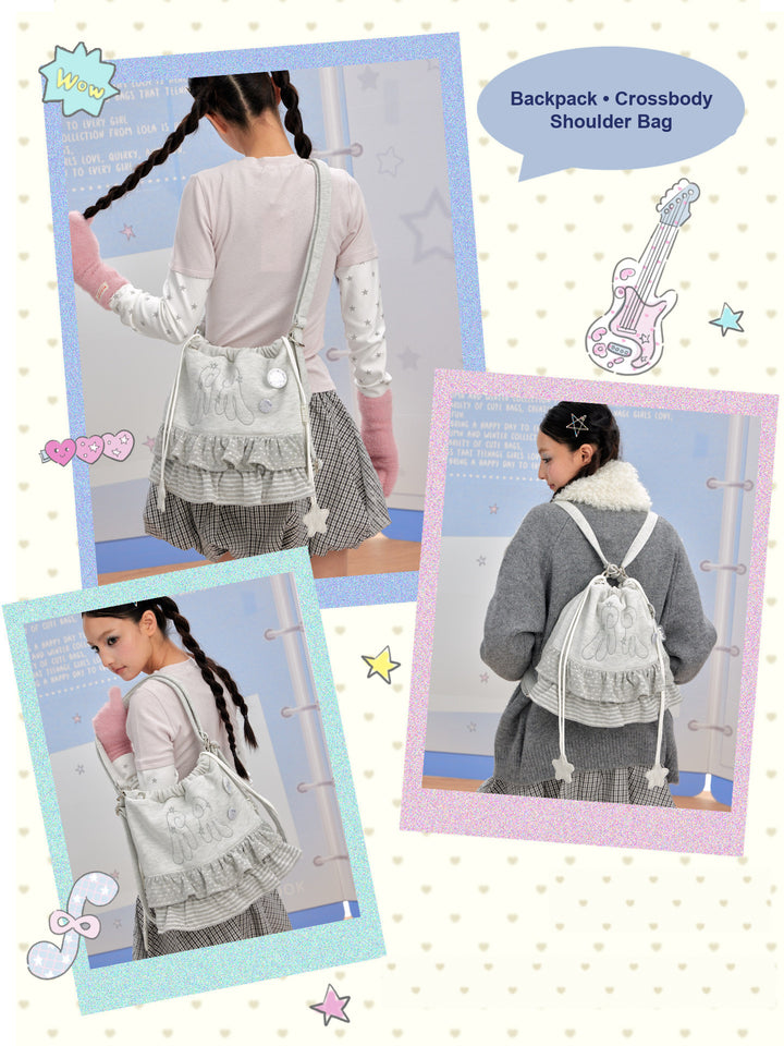 Ruffled Drawstring Convertible Backpack and Shoulder Bag