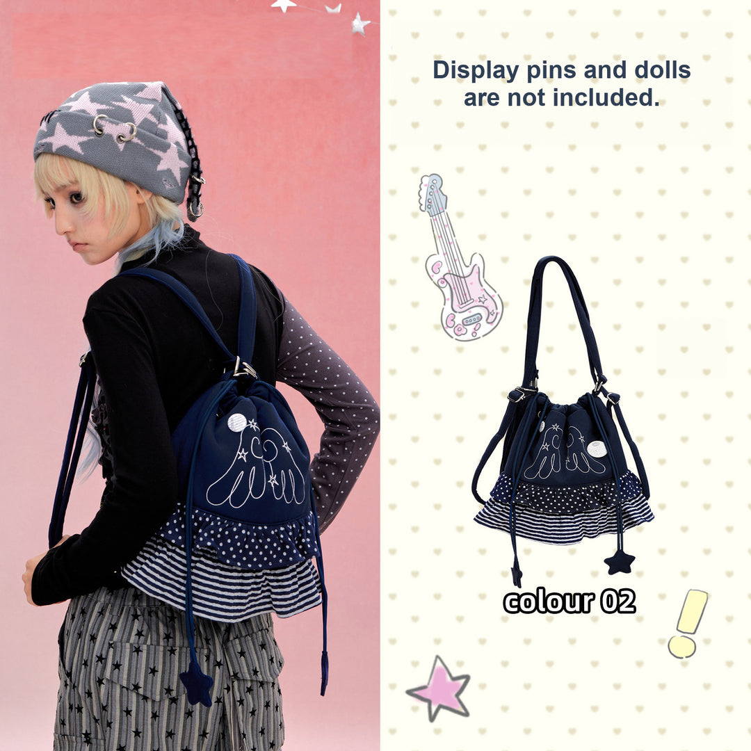Ruffled Drawstring Convertible Backpack and Shoulder Bag