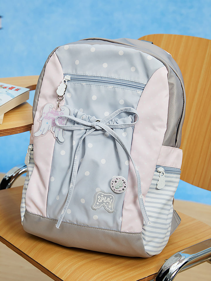 Polka Dot Backpack with Bow Drawstring Front Pocket