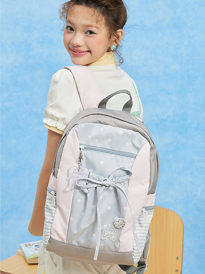 Polka Dot Backpack with Bow Drawstring Front Pocket