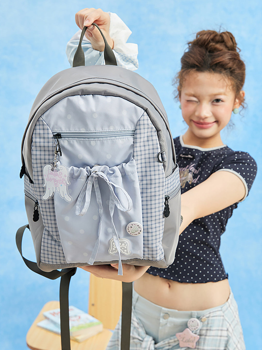 Polka Dot Backpack with Bow Drawstring Front Pocket