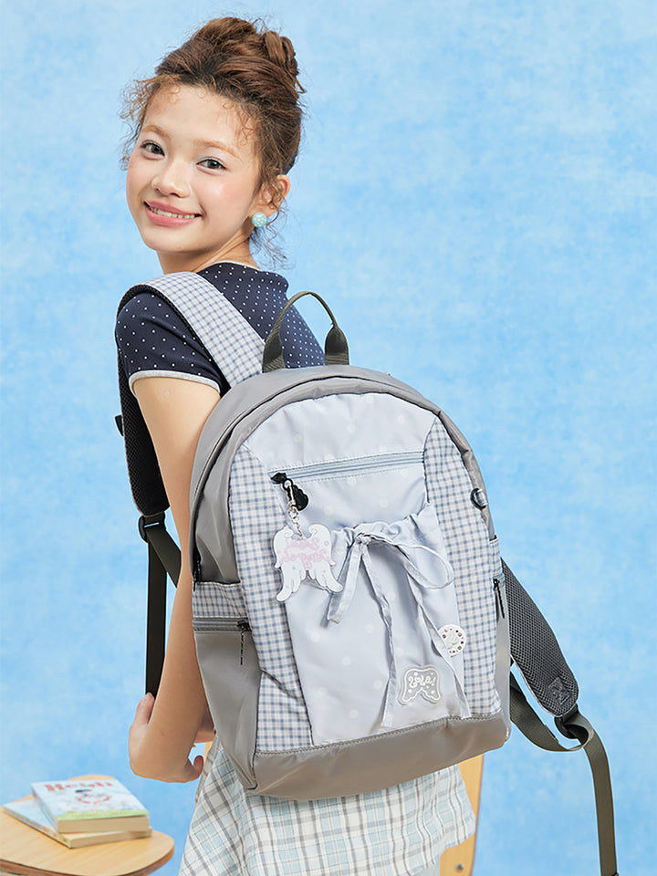 Polka Dot Backpack with Bow Drawstring Front Pocket