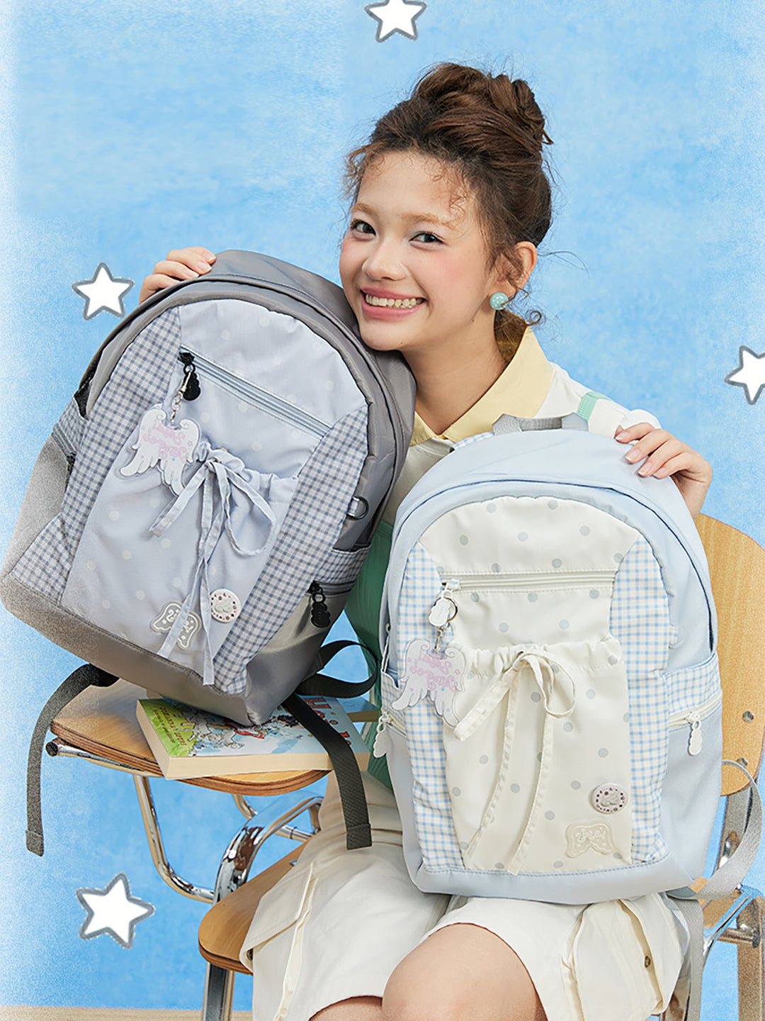 Polka Dot Backpack with Bow Drawstring Front Pocket