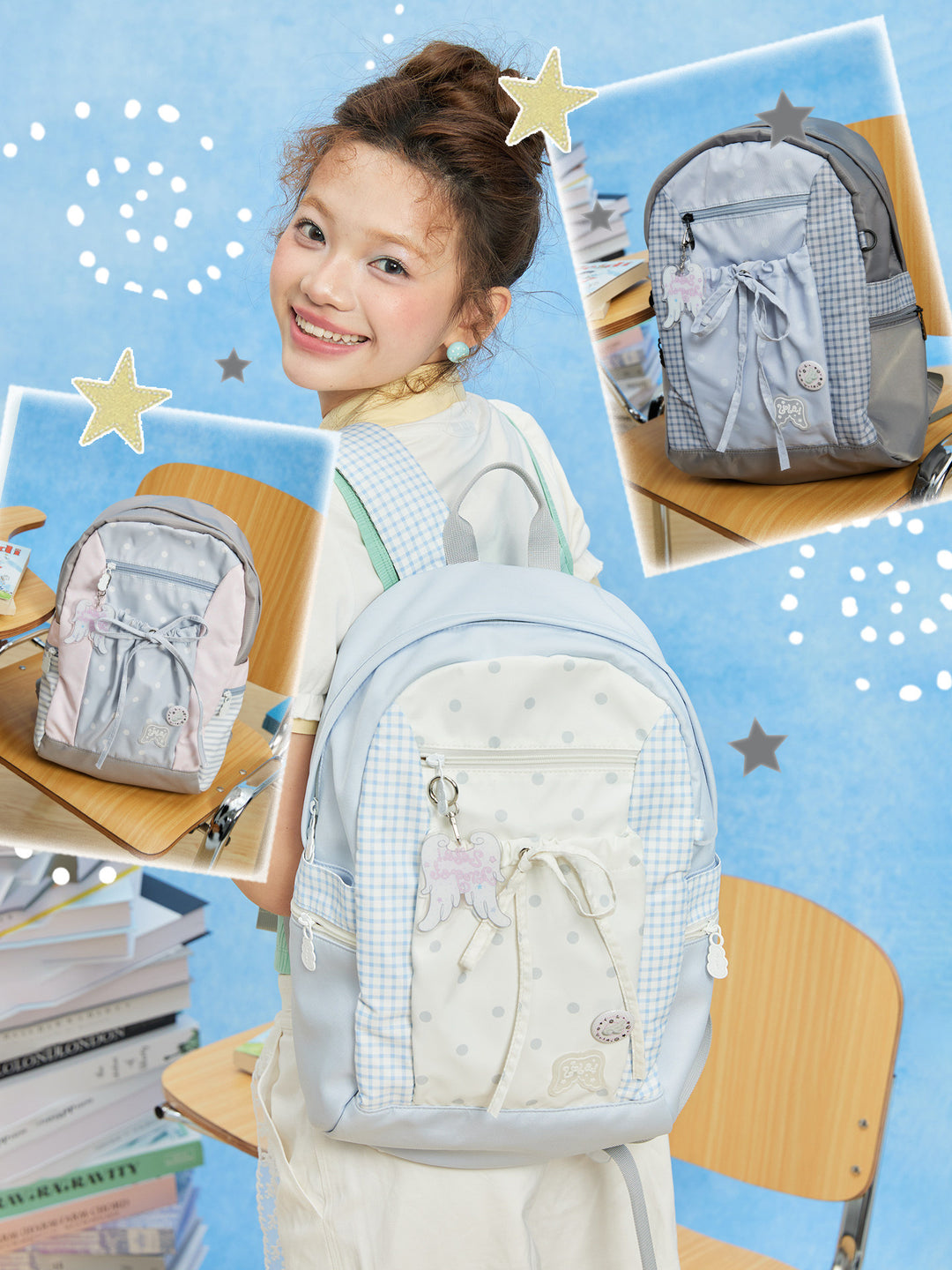 Polka Dot Backpack with Bow Drawstring Front Pocket