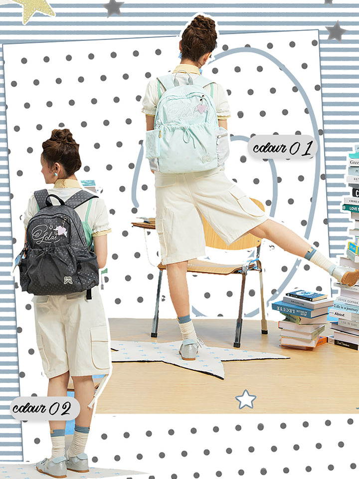 Patterned Backpack with Drawstring Pocket and Card Pouch