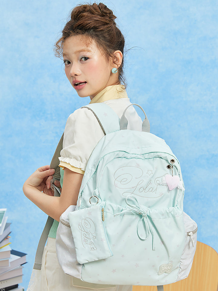 Patterned Backpack with Drawstring Pocket and Card Pouch