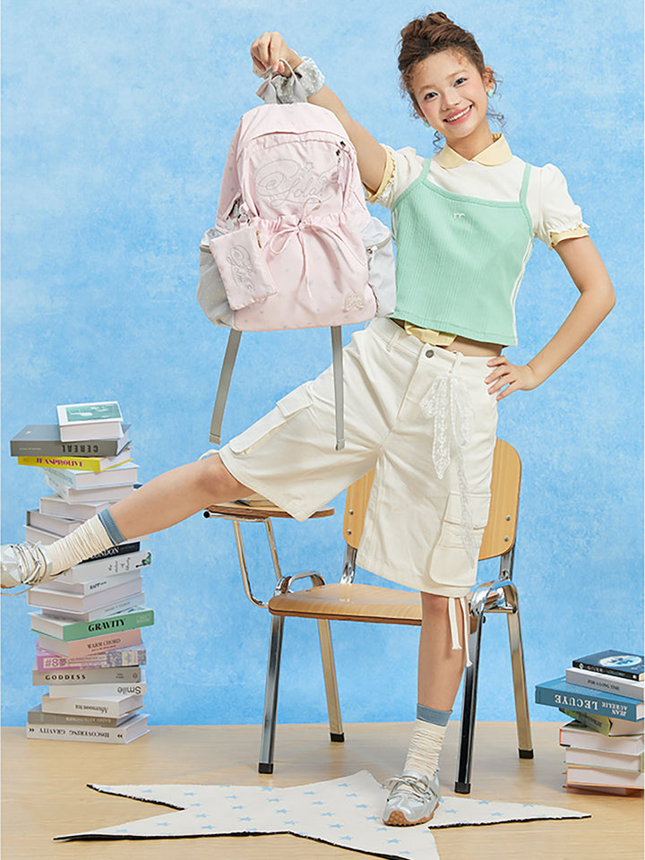 Patterned Backpack with Drawstring Pocket and Card Pouch