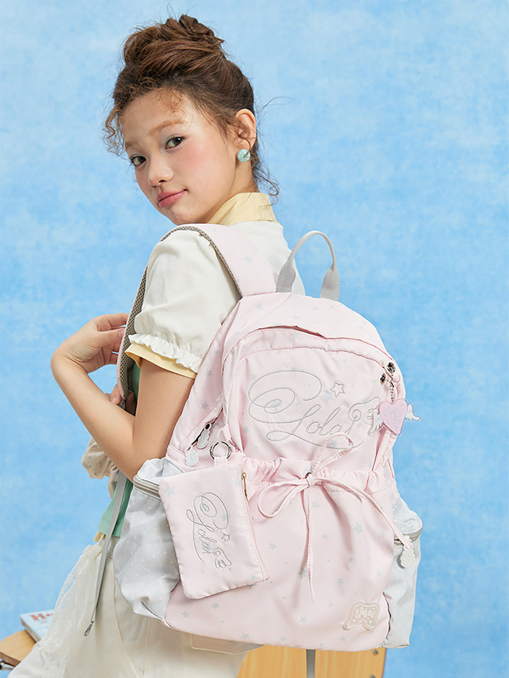 Patterned Backpack with Drawstring Pocket and Card Pouch