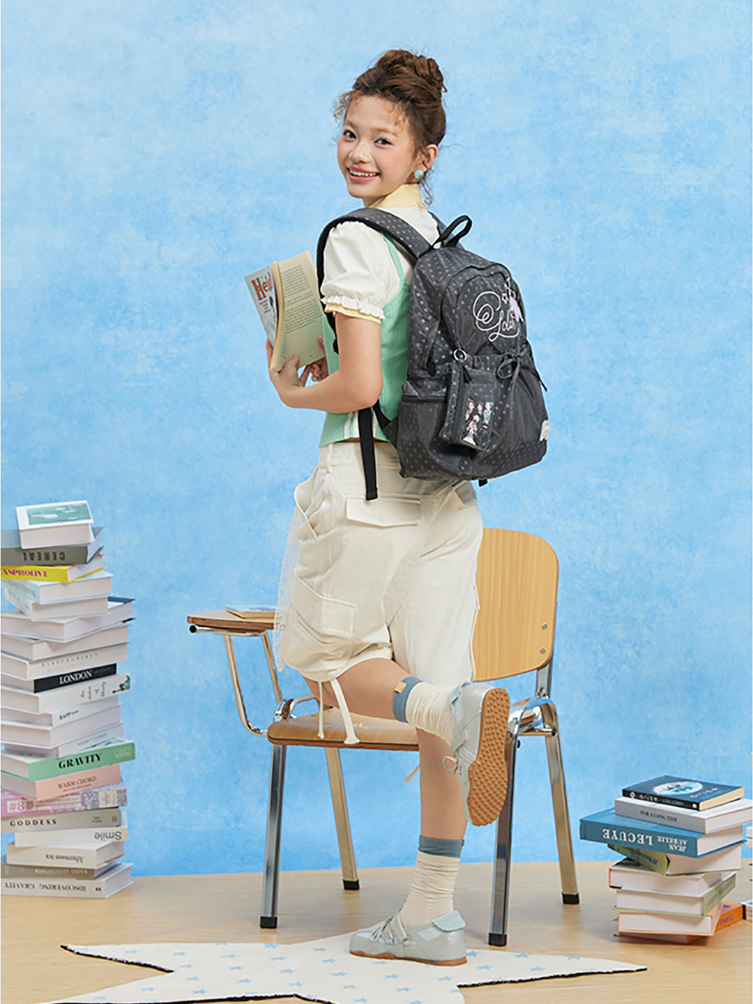 Patterned Backpack with Drawstring Pocket and Card Pouch