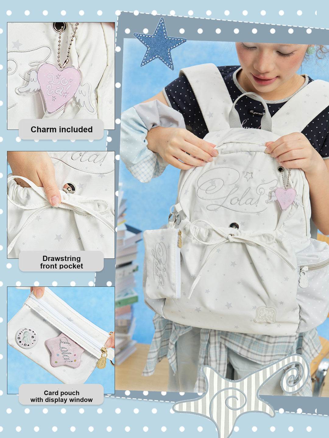 Patterned Backpack with Drawstring Pocket and Card Pouch
