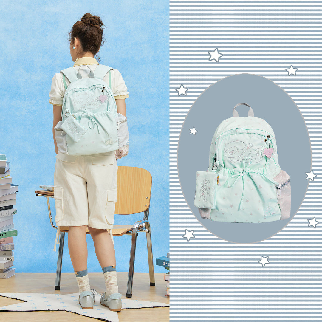 Patterned Backpack with Drawstring Pocket and Card Pouch