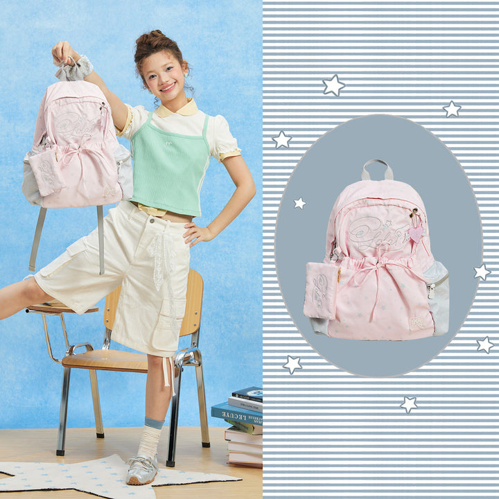 Patterned Backpack with Drawstring Pocket and Card Pouch