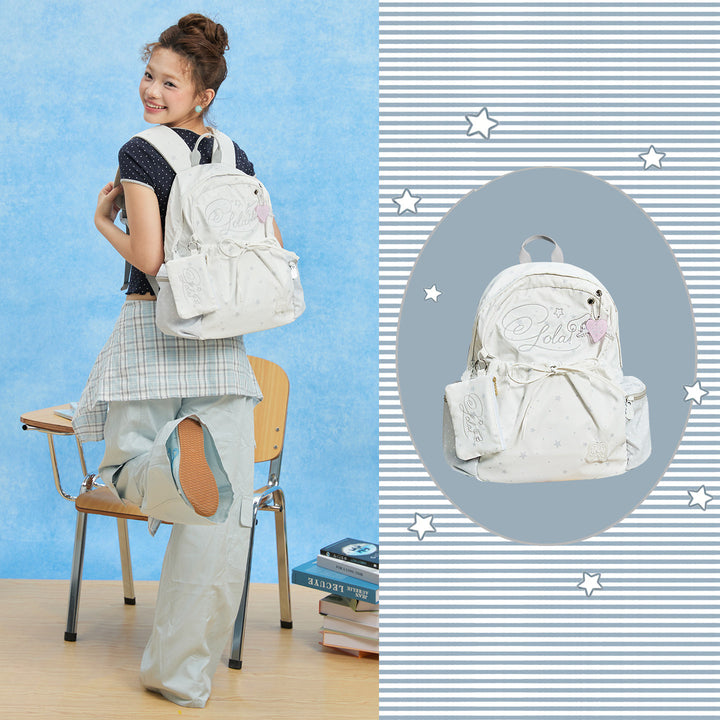 Patterned Backpack with Drawstring Pocket and Card Pouch