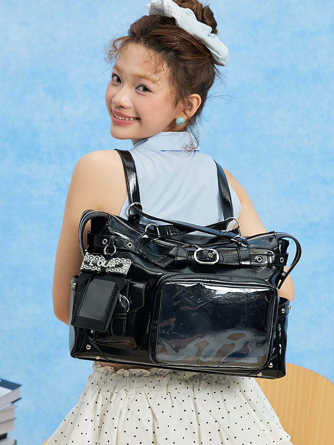 Glossy Convertible Ita Bag with Clear Display Pocket