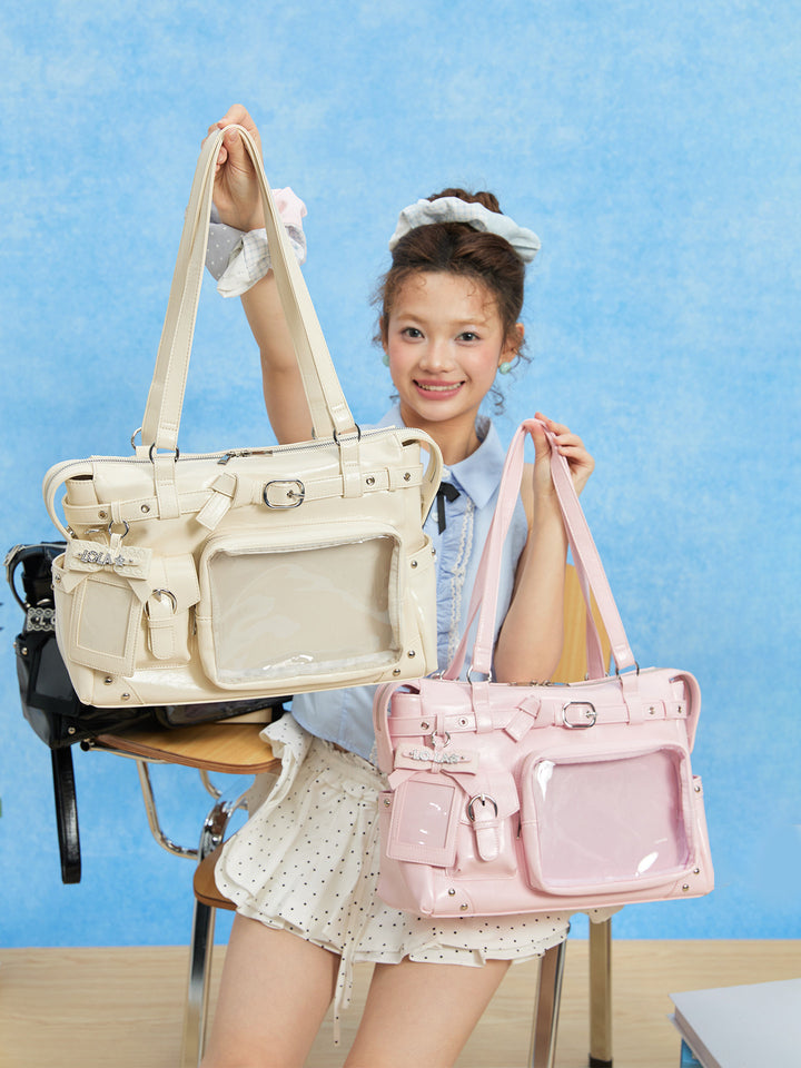 Glossy Convertible Ita Bag with Clear Display Pocket