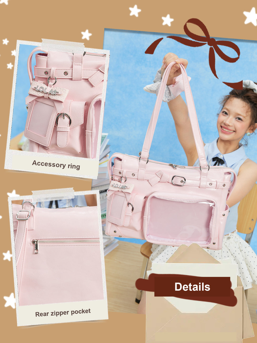Glossy Convertible Ita Bag with Clear Display Pocket