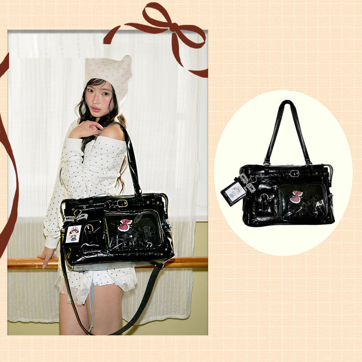 Glossy Convertible Ita Bag with Clear Display Pocket