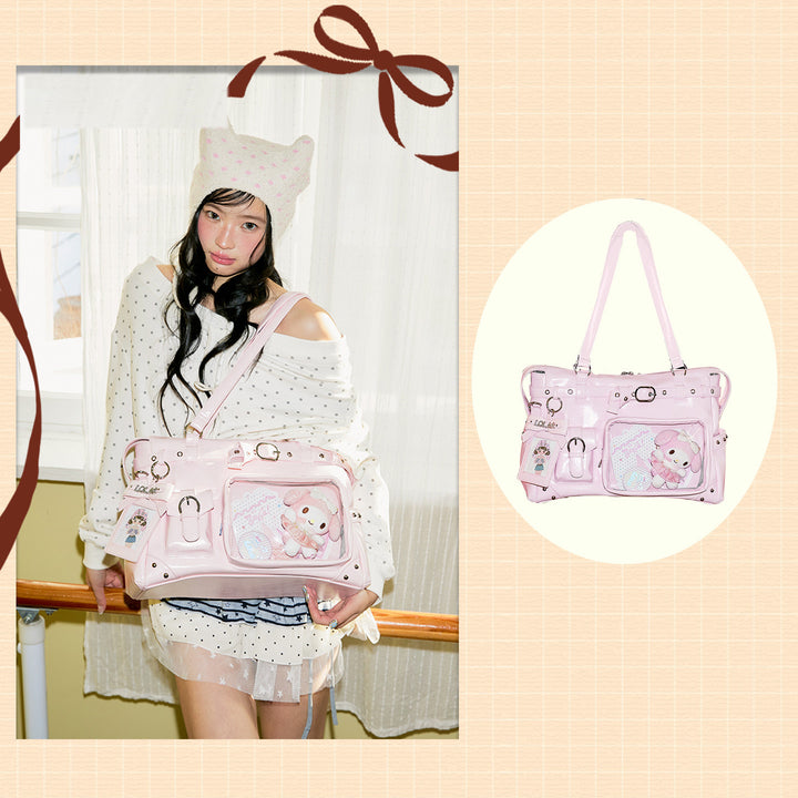 Glossy Convertible Ita Bag with Clear Display Pocket